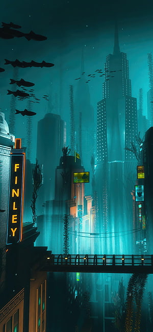 Bioshock Underwater Cityscape with Neon Signs and Deep Sea Architecture HD phone wallpaper