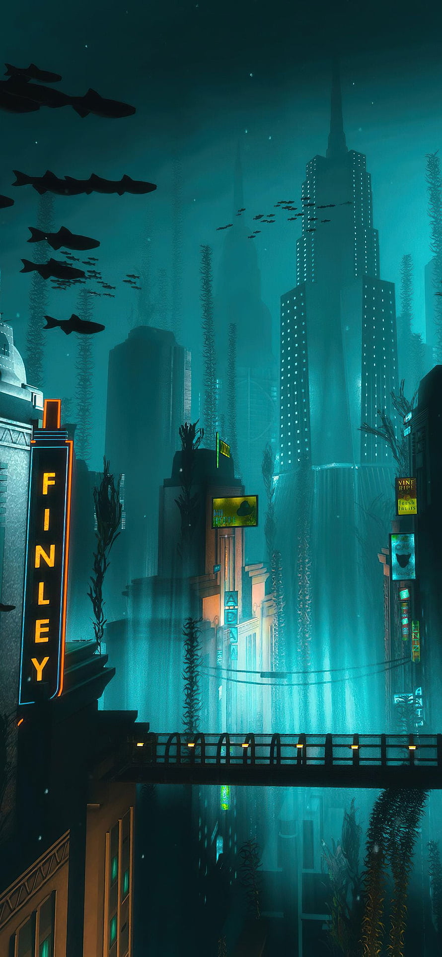 Bioshock Underwater Cityscape with Neon Signs and Deep Sea Architecture HD phone wallpaper