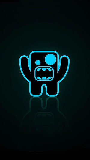 Glowing Cyan Neon Cartoon Monster Icon on Dark Background HD phone wallpaper