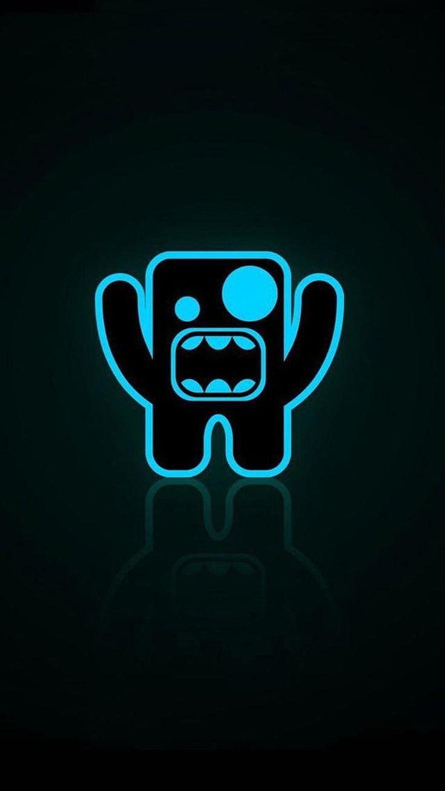 Glowing Cyan Neon Cartoon Monster Icon on Dark Background HD phone wallpaper