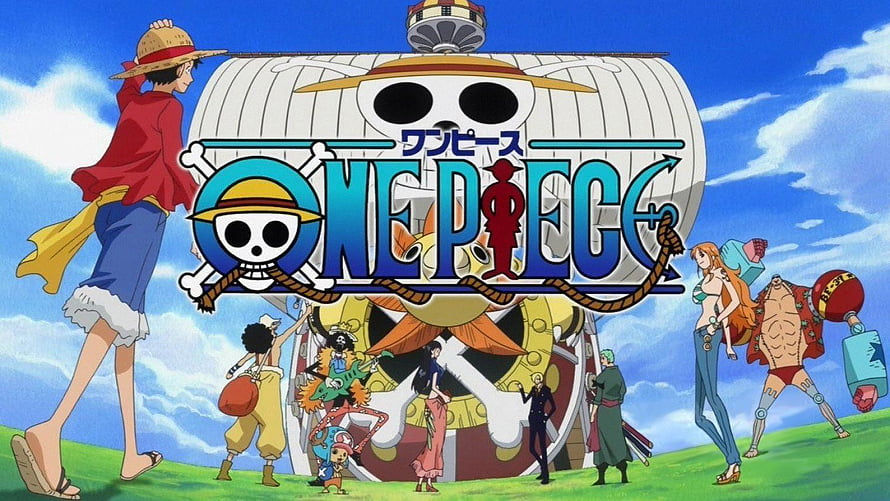 One Piece Straw Hat Crew Standing Before Thousand Sunny Ship on Green Grass HD wallpaper
