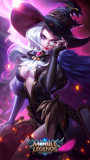 Alice from Mobile Legends in a black witch hat and purple cloak with a monocle HD phone wallpaper