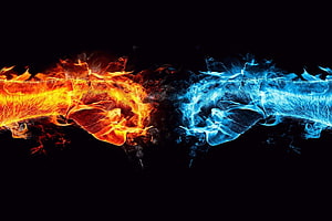 Fire and Ice Fist Collision on Black Background HD wallpaper