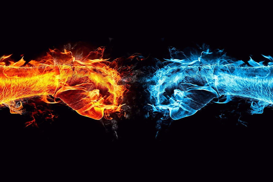 Fire and Ice Fist Collision on Black Background HD wallpaper