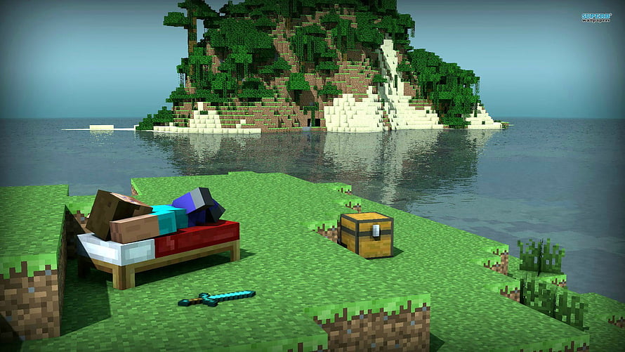 Minecraft Island Scene With Boat, Chest, and Diamond Sword on Grassy Shore HD wallpaper
