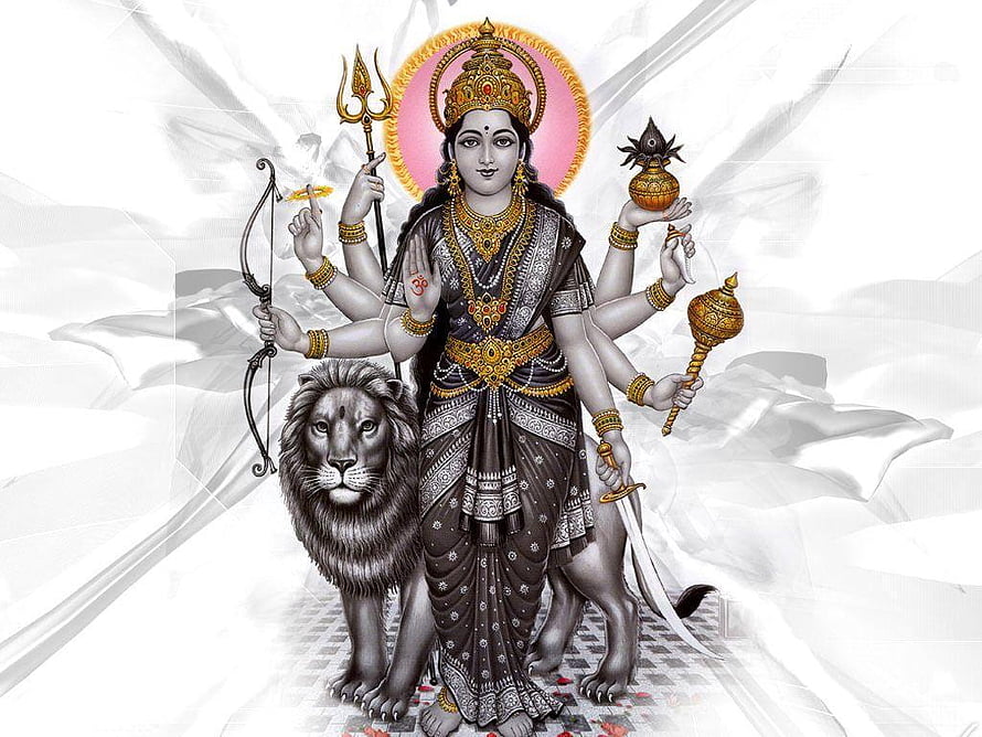 Nav Durga Maa with Lion and Sacred Weapons in Traditional Indian Art HD wallpaper