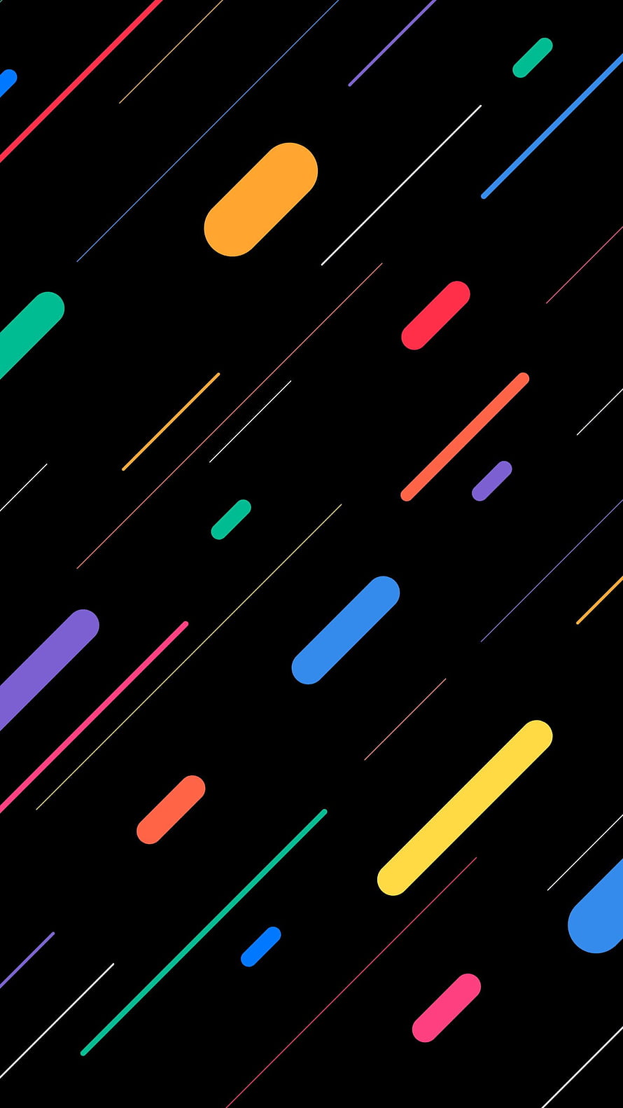 Vibrant diagonal capsule shapes and thin lines on a deep black background HD phone wallpaper