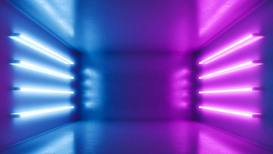 Minimalist Room Interior With Blue And Purple Neon Light Strips HD wallpaper