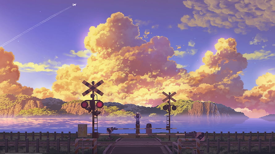Anime Summer Scene: Railway Crossing at Golden Hour with Dramatic Clouds HD wallpaper