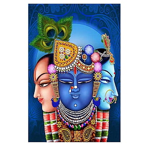 Shrinathji Tri-Face Portrait with Peacock Feather Crown and Ornate Jewelry HD phone wallpaper