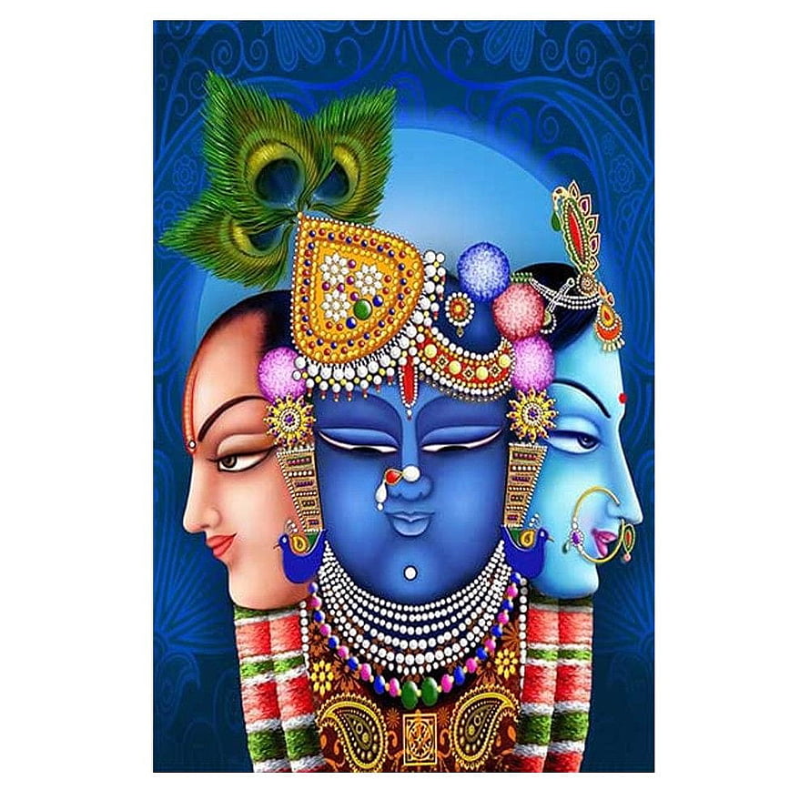 Shrinathji Tri-Face Portrait with Peacock Feather Crown and Ornate Jewelry HD phone wallpaper