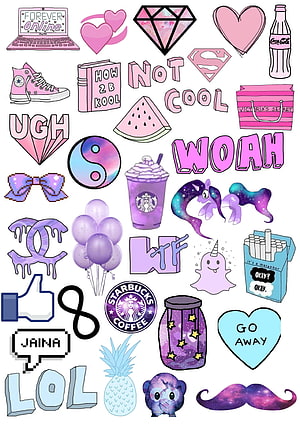 Pastel Aesthetic Sticker Sheet Featuring Cute Doodles, Brand Logos, and Galaxy Elements HD phone wallpaper