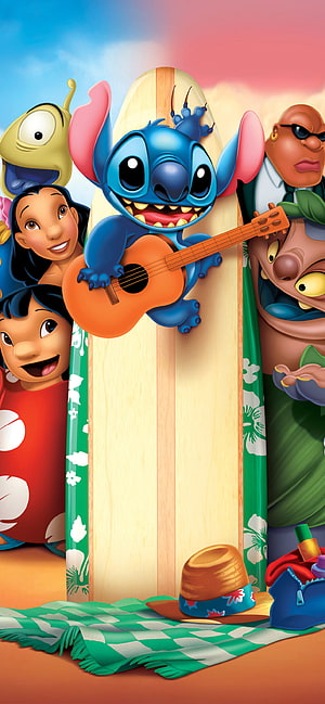 Lilo and Stitch Beach Picnic with Ukulele and Surfboard HD phone wallpaper