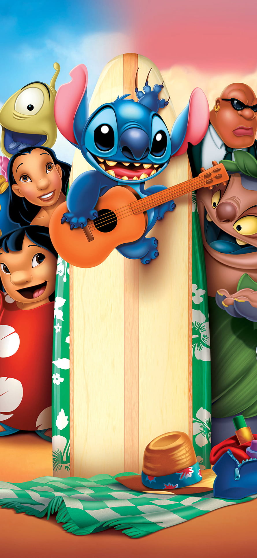 Lilo and Stitch Beach Picnic with Ukulele and Surfboard HD phone wallpaper