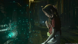 Aerith Gainsborough in a dim industrial corridor with glowing green particles from Final Fantasy VII HD wallpaper