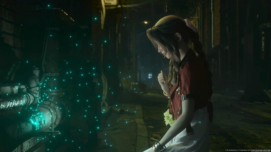 Aerith Gainsborough in a dim industrial corridor with glowing green particles from Final Fantasy VII HD wallpaper
