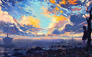 Anime Girl Watching Sunset Over Calm Sea With Sailboats and Colorful Clouds HD wallpaper