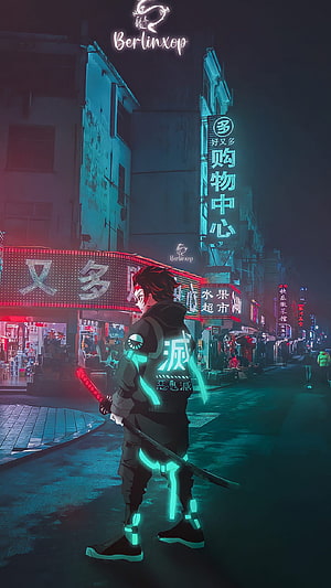 Demon Slayer Tanjiro in Cyberpunk Neon Street with Glowing Katana HD phone wallpaper