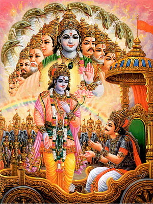 Lord Krishna and Arjuna in the Divine Chariot with the Seven Heads of Vishnu HD phone wallpaper