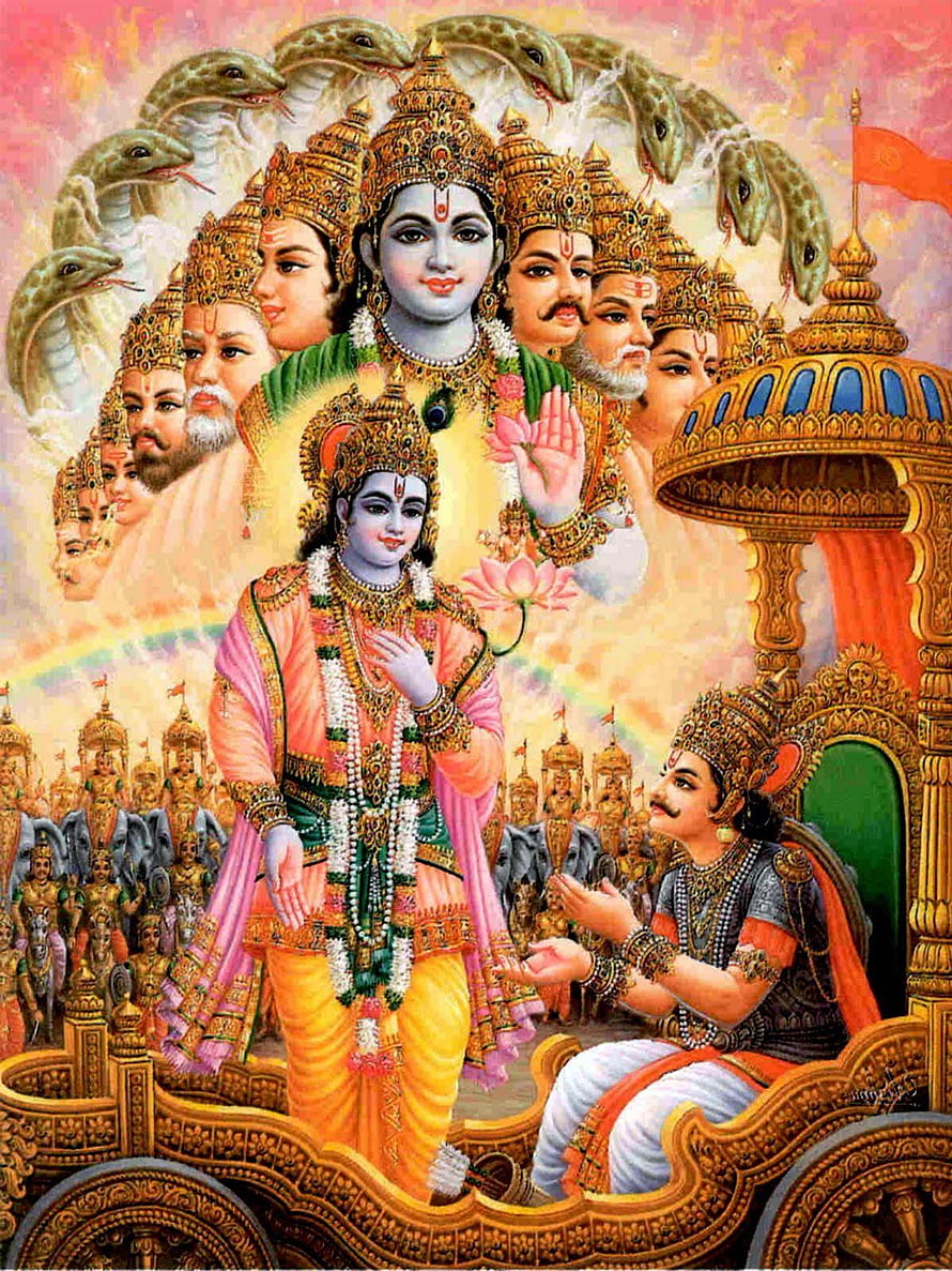 Lord Krishna and Arjuna in the Divine Chariot with the Seven Heads of Vishnu HD phone wallpaper