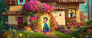 Mirabel Madrigal in front of the Madrigal house surrounded by vibrant flowers and glowing butterflies in Encanto HD wallpaper