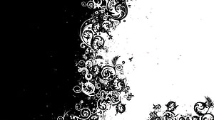 Monochrome Floral Ornament Split Screen Design with Intricate Scrollwork and Bird Silhouette HD wallpaper