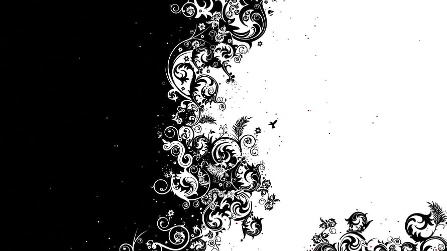 Monochrome Floral Ornament Split Screen Design with Intricate Scrollwork and Bird Silhouette HD wallpaper