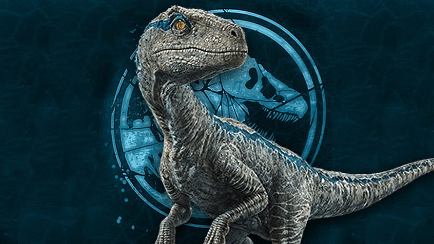 Blue Raptor from Jurassic World with Skull Emblem on Dark Teal Background HD wallpaper