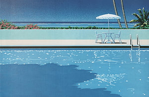 Hiroshi Nagai Tropical Poolside Scene with Ocean View and Palm Trees HD wallpaper