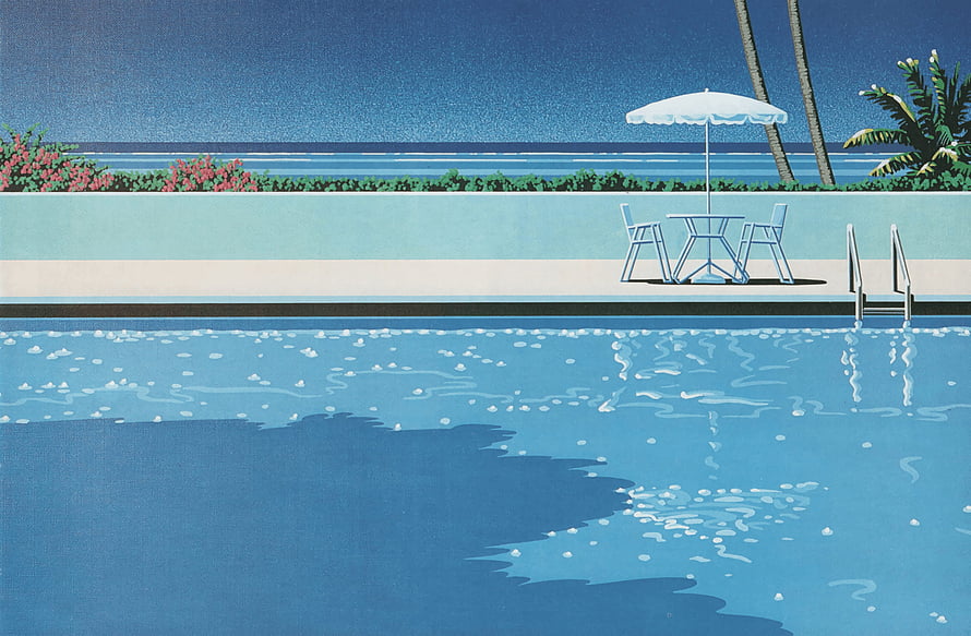 Hiroshi Nagai Tropical Poolside Scene with Ocean View and Palm Trees HD wallpaper