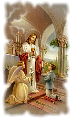 First Communion Religious Illustration Featuring Jesus, Angel, and Child in Prayer HD phone wallpaper