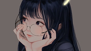 Anime Girl with Round Glasses and Long Black Hair in Soft Digital Illustration HD wallpaper