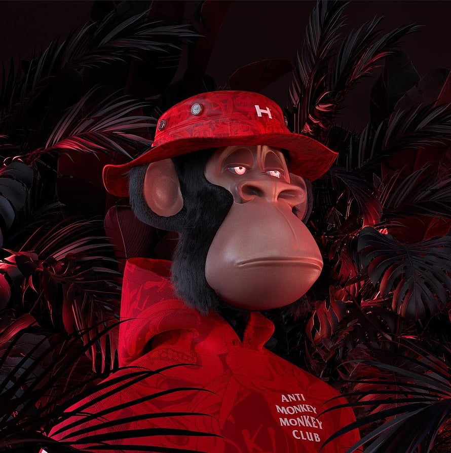 3D Rendered Ape Character in Red Bucket Hat and Hoodie with Tropical Foliage Background HD phone wallpaper