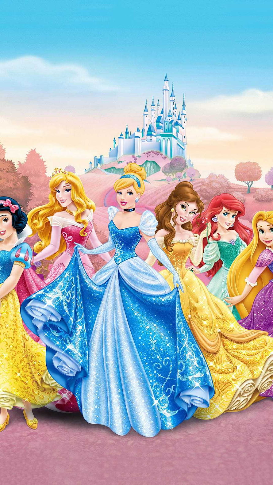 Disney Princesses in Elegant Gowns Before a Majestic Castle HD phone wallpaper