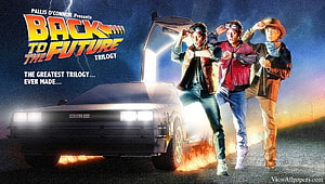 Back to the Future Trilogy Poster with DeLorean Time Machine and Main Characters HD wallpaper
