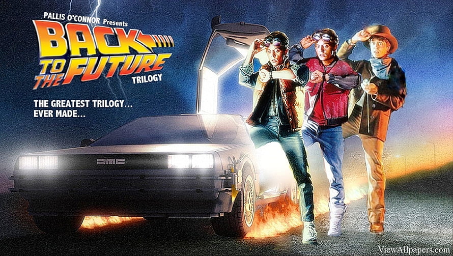 Back to the Future Trilogy Poster with DeLorean Time Machine and Main Characters HD wallpaper