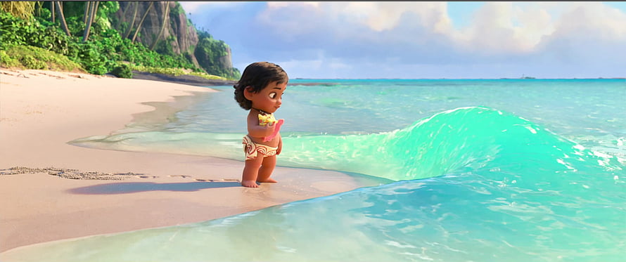 Baby Moana Standing on Tropical Beach Watching Turquoise Ocean Waves HD wallpaper