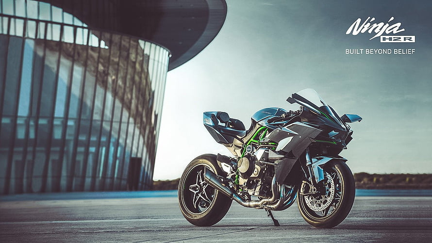 Kawasaki Ninja H2R Superbike Parked Before Modern Glass Architecture HD wallpaper