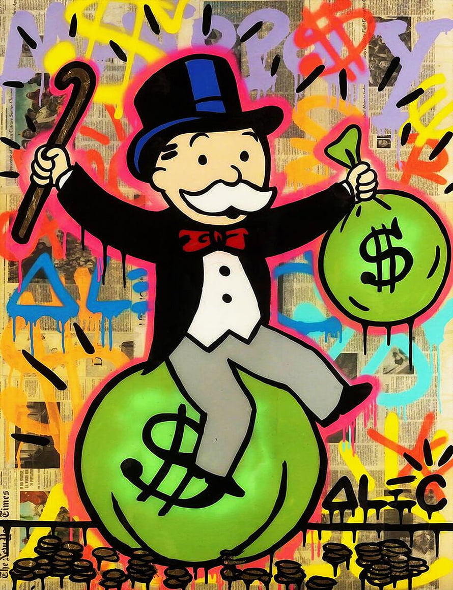 Alec Monopoly Street Art: Monopoly Man on Money Bags with Graffiti Background HD phone wallpaper