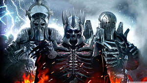 Three Armored Skeleton Warriors in Dark Fantasy Battle Scene HD wallpaper