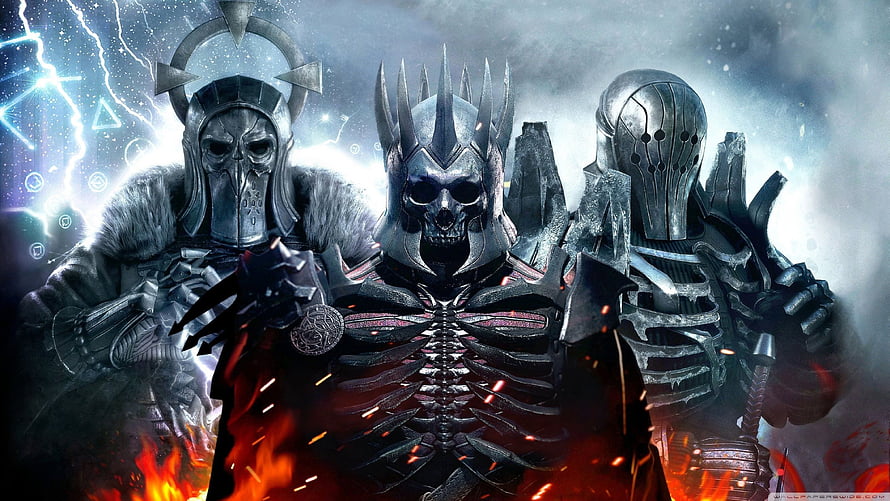 Three Armored Skeleton Warriors in Dark Fantasy Battle Scene HD wallpaper