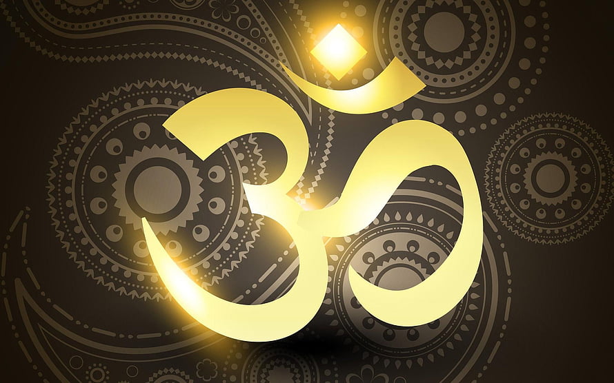 Glowing Golden Om Symbol on Dark Mandala Pattern Background HD wallpaper