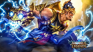 Gatotkaca from Mobile Legends Wielding Electric Energy in Dynamic Action Pose HD wallpaper