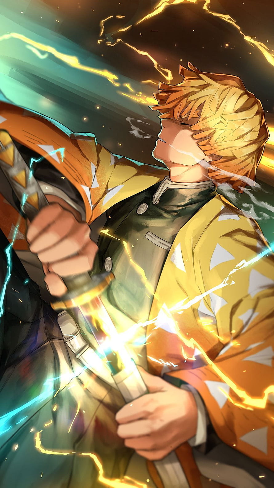 Zenitsu Agatsuma Wielding Thunder Blade in Demon Slayer Anime Artwork HD phone wallpaper