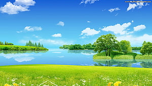 Serene Lake Landscape with Lush Green Meadows and Blue Sky HD wallpaper