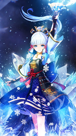 Kamisato Ayaka in Ice Crystal Armor with Snowflake Motifs and Glowing Blue Energy HD phone wallpaper