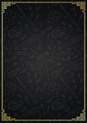 Elegant Black and Gold Vegetable Line Art Pattern with Decorative Border HD phone wallpaper
