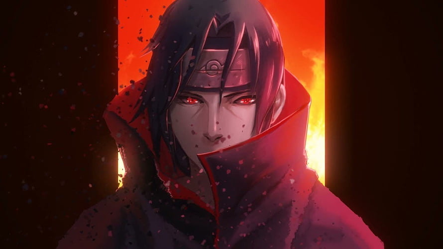 Itachi Uchiha Anime Character Portrait with Red Eyes and Fiery Background HD wallpaper
