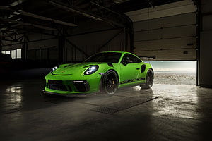 Vibrant Green Porsche 911 GT3 RS with TechArt Widebody Kit in Industrial Garage HD wallpaper