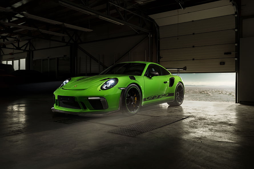 Vibrant Green Porsche 911 GT3 RS with TechArt Widebody Kit in Industrial Garage HD wallpaper